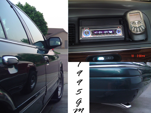 Collage: dark SUV side profile, aftermarket head unit with GPS, rear bumper, hand-drawn '1995 GM' text