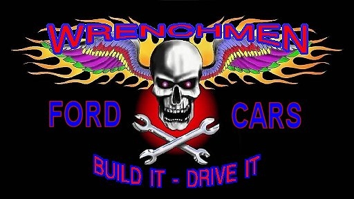Wrenchmen skull-and-wrenches logo with flames reading Ford Cars, Build It Drive It