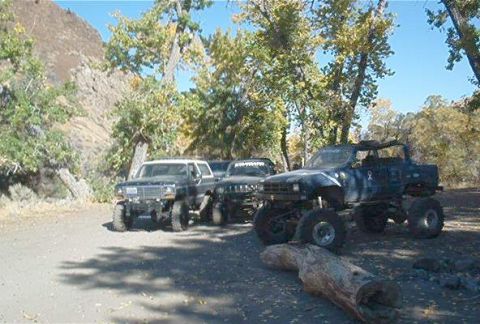 1986 Ford Bronco - Several modified trucks are parked in a natural setting with trees and a rocky hillside in the background.