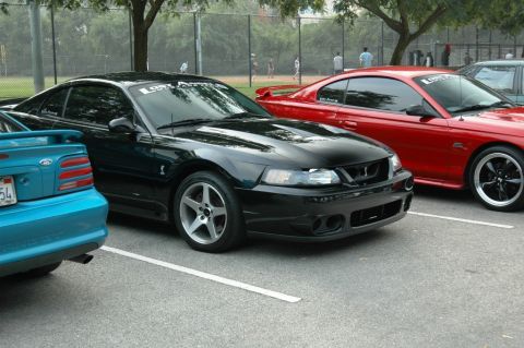 1991 Ford Taurus - Three Ford Mustangs are parked in a lot, with a baseball field in the background.