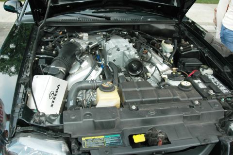 1991 Ford Taurus - Engine bay view shows a supercharged V8 engine with aftermarket Steeda air intake.