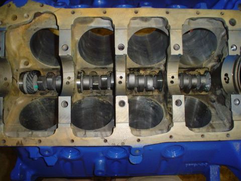 1981 Ford Bronco - Close-up view of an engine block's internal components, showing camshafts.