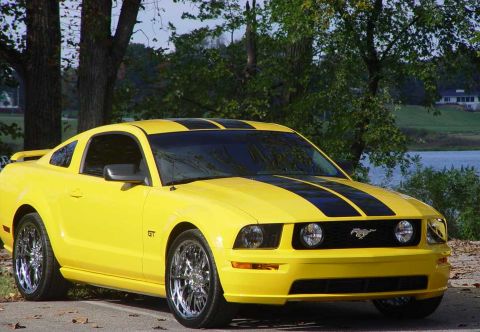 1998 Ford Crown Victoria - Yellow 2005 Ford Mustang GT coupe with black racing stripes parked outdoors near water.
