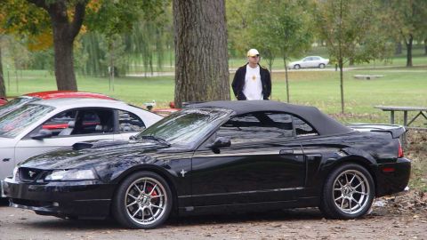 1998 Ford Crown Victoria - A black convertible Mustang is parked next to a silver coupe, with a man standing in the background.