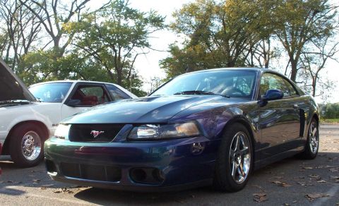 1998 Ford Crown Victoria - A dark blue 1999 Ford Mustang is parked outdoors, with another vehicle visible to its left.
