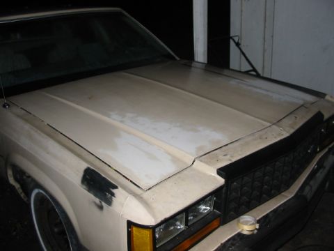1985 Ford LTD Crown Victoria - The front of a beige Ford Crown Victoria is shown, with visible damage and repair marks on the hood and fender.