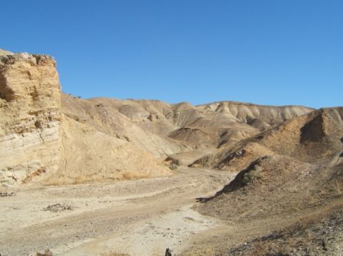 1988 Ford Bronco - A vast desert scene unfolds with eroded hills and a winding dry creek bed under a bright blue sky.