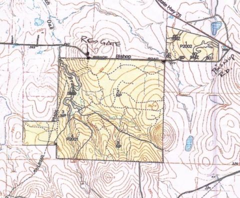 1987 Ford Bronco - This is a topographic map with contour lines, roads, and property boundaries marked.