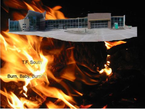 1996 Ford F-150 - A building is shown above a large, intense fire with text overlayed on the flames.