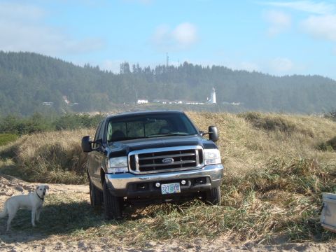 2000 Ford F-250 - Black 2000 Ford F-250 parked near dunes with a dog and a lighthouse in the distance.