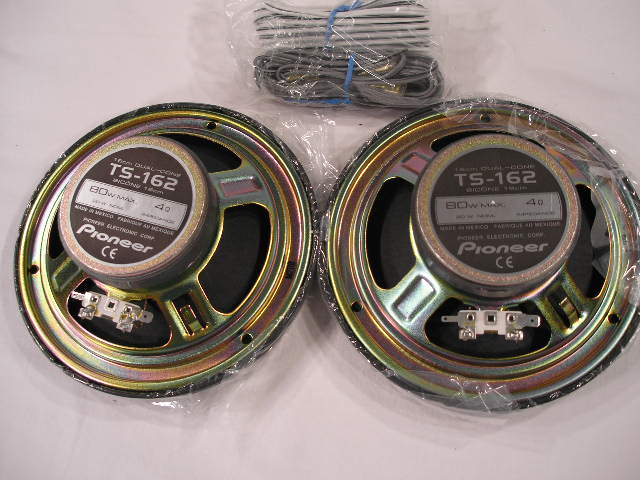 Two Pioneer TS-162 6-inch dual-cone speakers with wiring