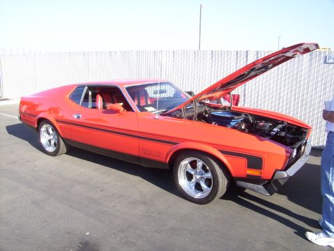 2002 Ford Mustang - This classic Ford Mustang features a prominent black stripe and an open hood revealing the engine bay.