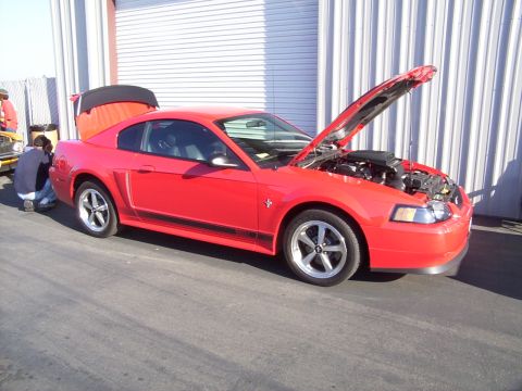 2002 Ford Mustang - Red 2002 Ford Mustang coupe with its hood and trunk open, parked outdoors.