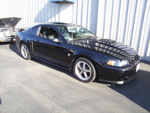 2002 Ford Mustang - A black Ford Mustang is parked outside a building, with another vehicle's hood open beside it.