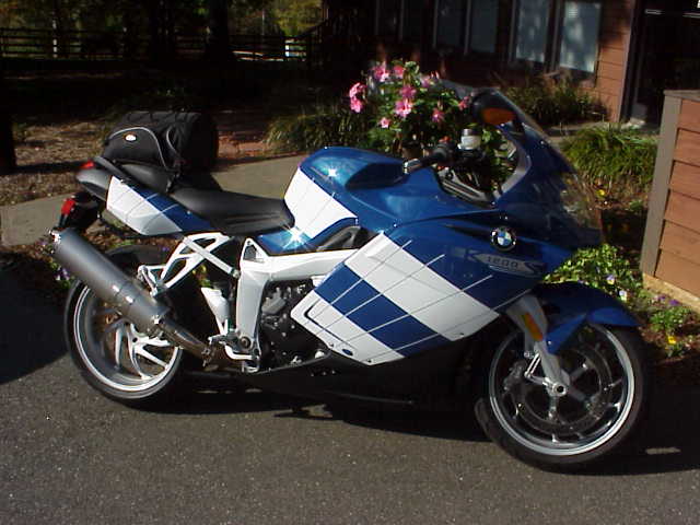 2005 BMW R1200CA ABS motorcycle with blue and white checkered fairings parked outdoors
