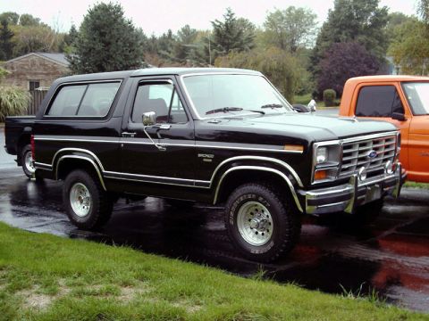 1984 Ford Bronco - A black 1984 Ford Bronco is parked on a wet surface next to an orange truck.