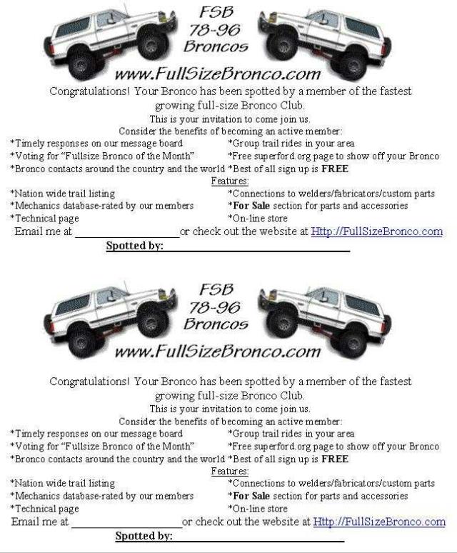 FSB 78-96 Broncos club invitation flyer from FullSizeBronco.com with membership benefits, printed twice