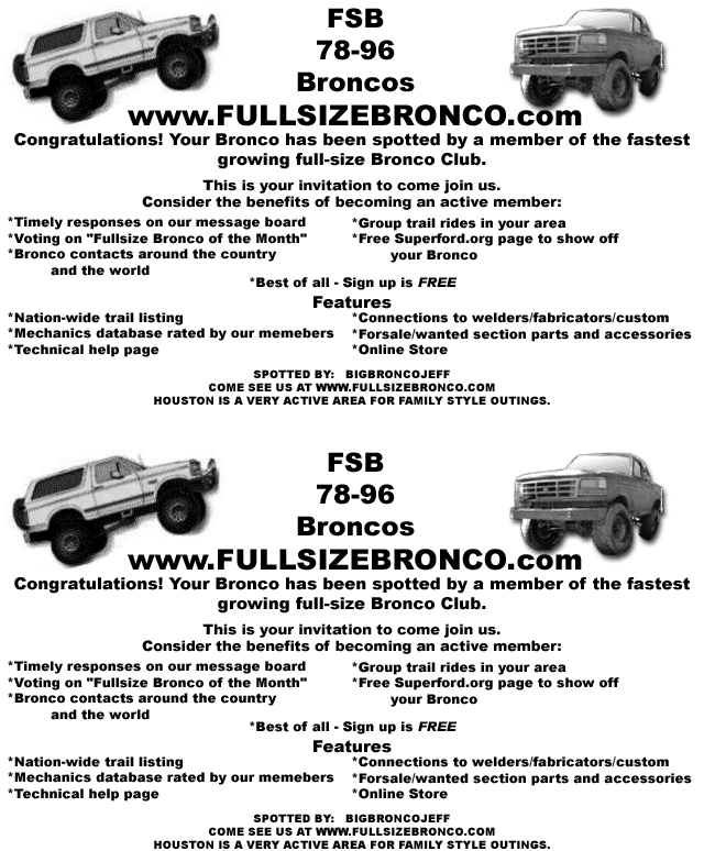 FSB 78-96 Broncos "spotted" club flyer from FULLSIZEBRONCO.com, spotted by BIGBRONCOJEFF, printed twice