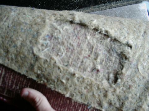 1984 Ford Bronco - Close-up of worn and torn interior carpet padding, revealing underlying material.