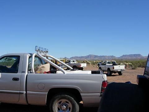 1981 Ford F-150 - Multiple pickup trucks are parked in a desert landscape under a clear blue sky.
