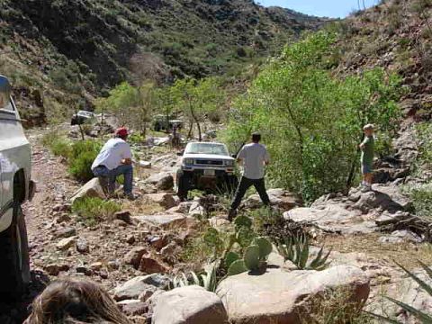1981 Ford F-150 - Several people are gathered around a white pickup truck navigating a rocky, off-road trail in a canyon.