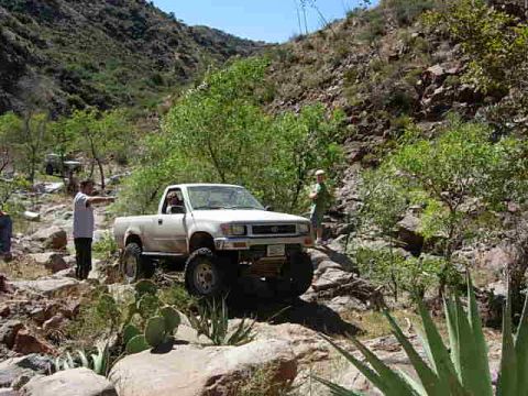 1981 Ford F-150 - A white Toyota pickup navigates a challenging off-road course in a rocky, arid landscape.