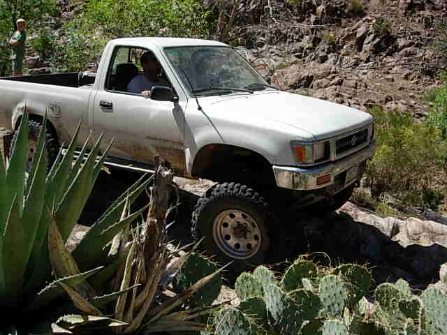 White pickup truck driving on a rocky, desert-like terrain with cacti and agave plants