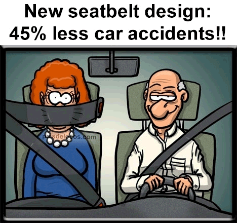 1968 Ford Mustang - A humorous depiction of a new seatbelt design claiming to reduce car accidents.