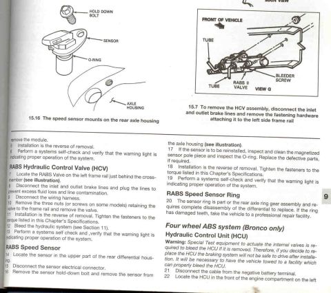 1989 Ford Bronco - Service manual page covering RABS hydraulic control valve (HCV) on left frame rail, rear-axle speed sensor removal, sensor ring inspection,…