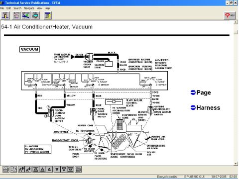 1993 Ford Bronco - Ford EVTM section 54-1 A/C-heater vacuum schematic showing vacuum check valve, vacuum tank, function selector valve and color-coded lines t…