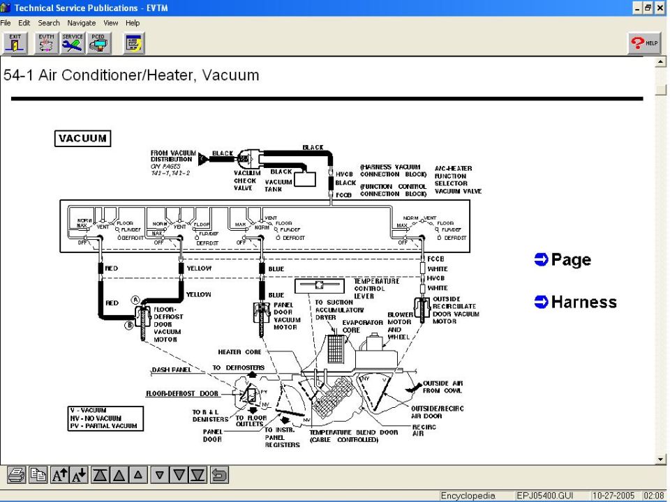 EVTM 54-1 air conditioner/heater vacuum schematic: vacuum check valve, tank, function selector motors