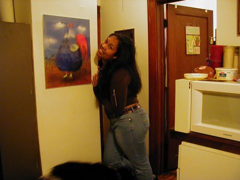 1997 Ford Taurus - A woman poses indoors next to a colorful painting of a rooster.