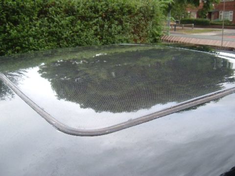 1994 Ford Probe - Close-up of a car's sunroof, showing its textured surface and surrounding seal against a backdrop of greenery.