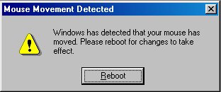 1994 Ford Probe - A Windows dialog box displays a 'Mouse Movement Detected' alert, instructing the user to reboot.