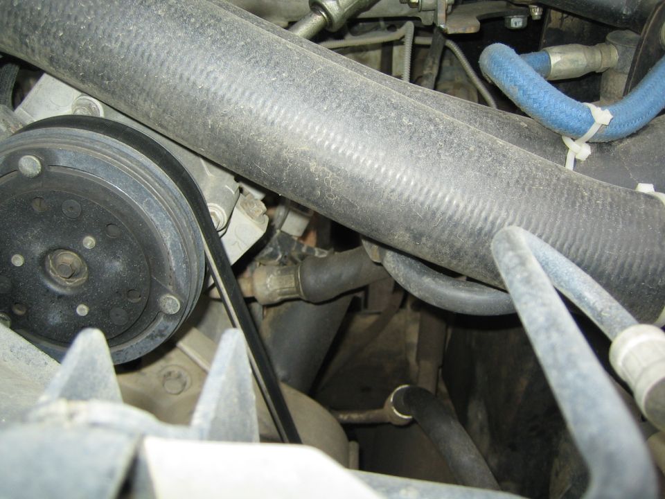 Engine bay close-up of a ribbed radiator hose, pulley and blue hoses