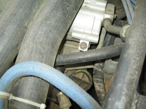 1990 Ford Bronco - Engine bay detail showing a power steering reservoir cap, an aluminum component and a blue braided line among black hoses.
