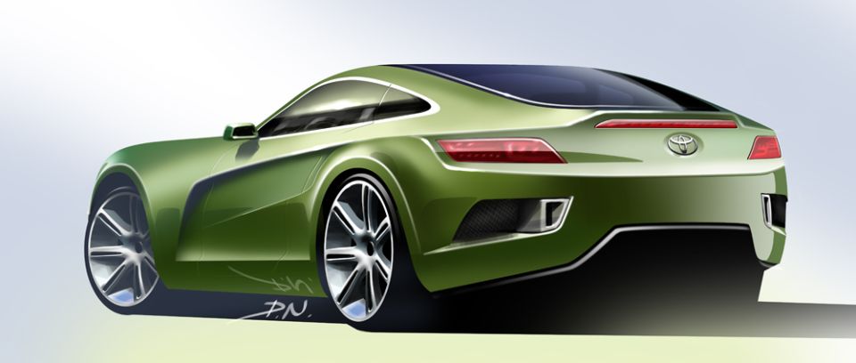 Green sports coupe concept sketch, rear 3/4 view with Toyota badge on the decklid