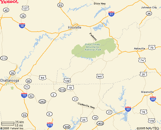 Map showing highways and cities in Tennessee, including Knoxville, Chattanooga, and Asheville