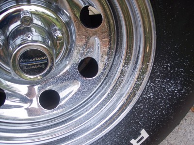 1972 Ford Ranchero - Close-up of an American Racing wheel and tire, showing white specks on the surface.