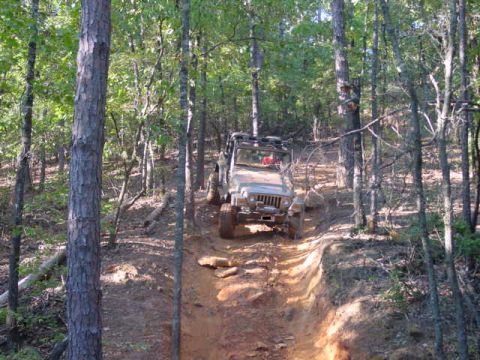 2004 Jeep Wrangler - 2004 Jeep TJ navigating a challenging off-road trail through a forest.