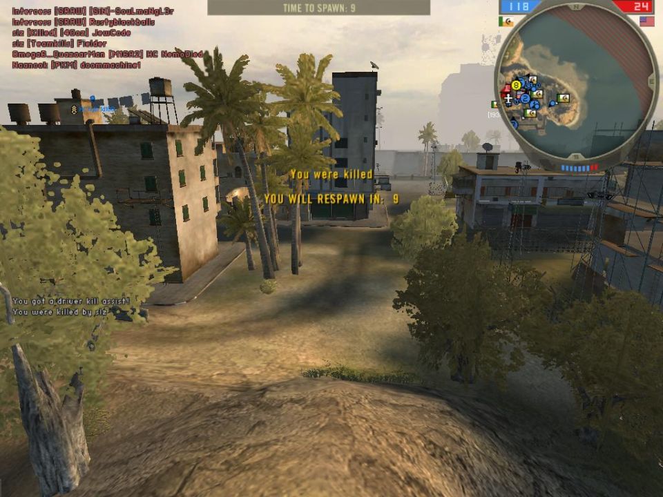 Video game screenshot with palm trees, buildings, respawn timer and minimap in upper corner