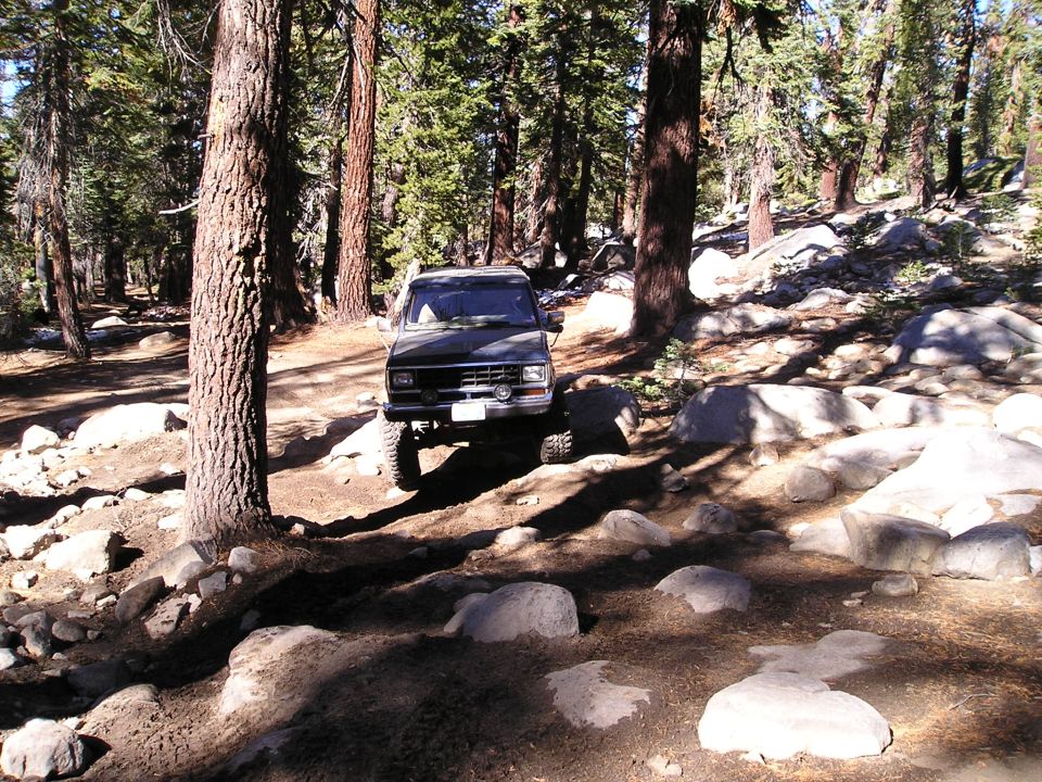 Black SUV with a lifted suspension on a rocky, wooded trail