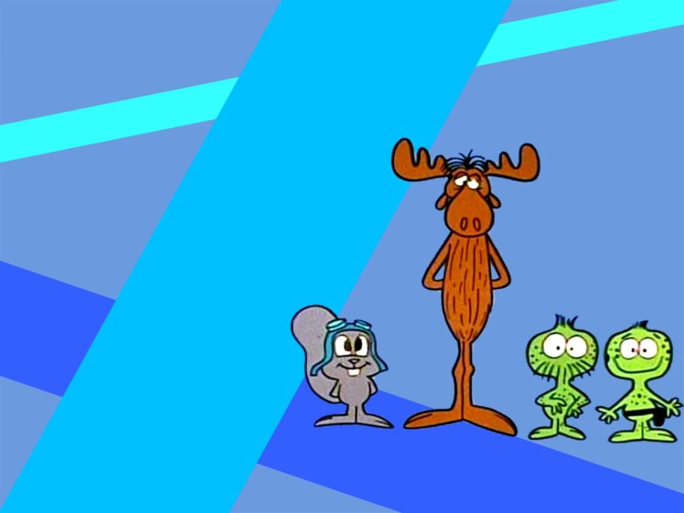 Cartoon of a moose, flying squirrel and two green characters on a blue striped background