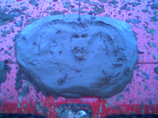 Mud-covered emblem on a red vehicle's hood, with a Supermotors.net watermark at the bottom right