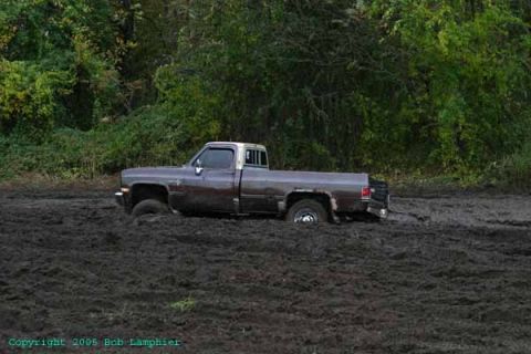 1976 GMC C/K Pickup - This brown pickup truck is deeply stuck in thick mud, with only its side visible against a backdrop of trees.