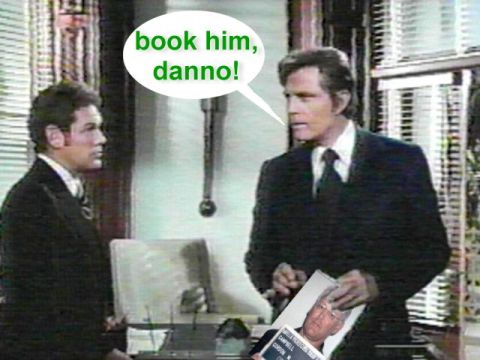 1989 Ford Bronco - A scene depicts two men in suits, with one holding a mugshot and a speech bubble saying 'book him, danno!'.