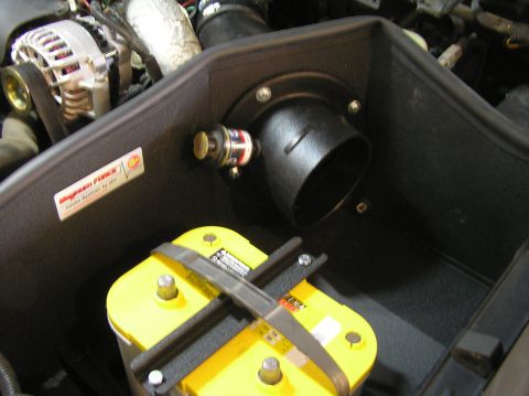 2000 Ford Excursion - Aftermarket air intake system installed in the engine bay, a yellow top battery.