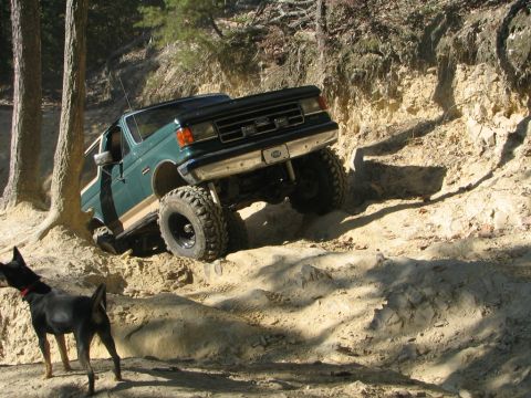 1990 Ford Bronco - Me climbing the ledge on Daniel. All day I kept expecting this dog to get run over, he was not afraid at all.
