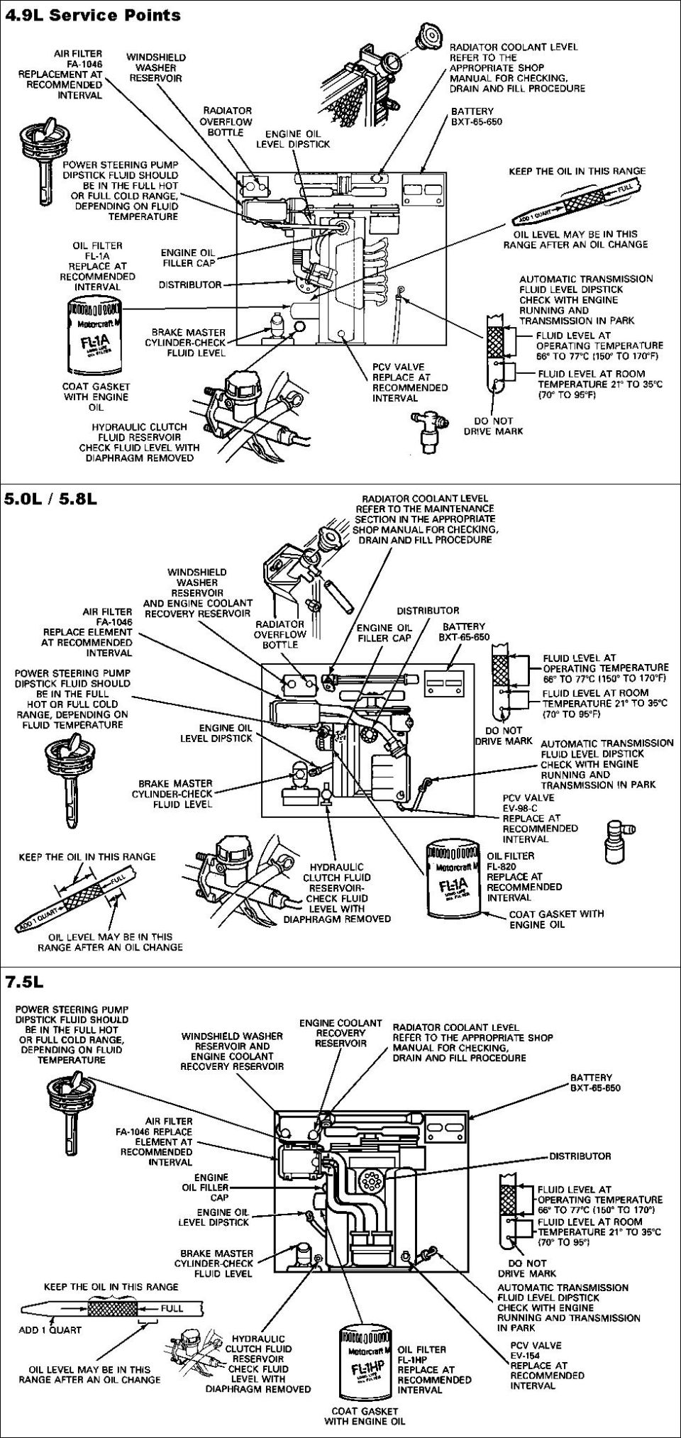 Service diagram showing 4.9L, 5.0L/5.8L and 7.5L engine fluid and service points with labels