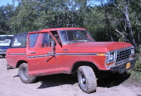 1978 Ford Bronco - This 1978 Ford Bronco, seen in a wooded area, features a red body and black removable top.